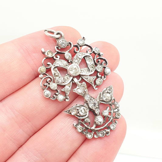 Antique Georgian Solid Silver Diamond Paste Bird Pendant Necklace Bow Large Dove Foiled Paste Victorian Sparkly Vintage Jewelry Jewellery