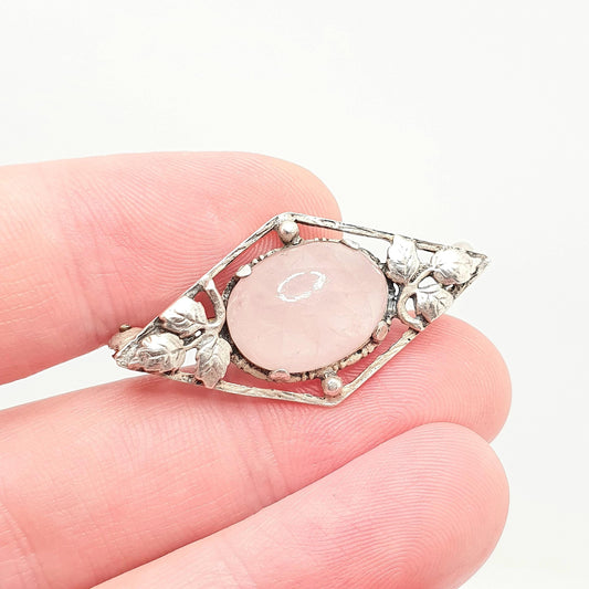 Antique Bernard Instone Sterling Silver Rose Quartz Brooch Pin Art Nouveau Genuine Oval Flower Pattern Old Vintage Womens Jewelry Jewellery