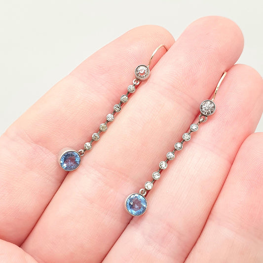 Antique 9ct Gold Sapphire & Diamond Paste Earrings Solid Silver Hook Dangling Drop Edwardian Chandelier Pendulum Vintage Jewelry Jewellery