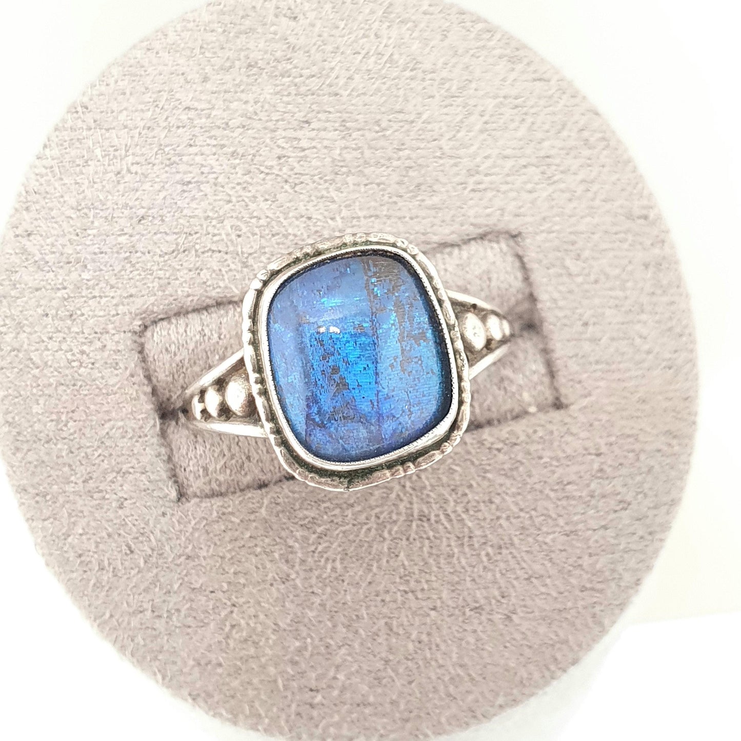 Antique Solid Silver Butterfly Wing Ring Large Rectangular Art Deco Genuine Morpho Vintage 1920s Insect Fly Blue Womens Jewellery Jewelry