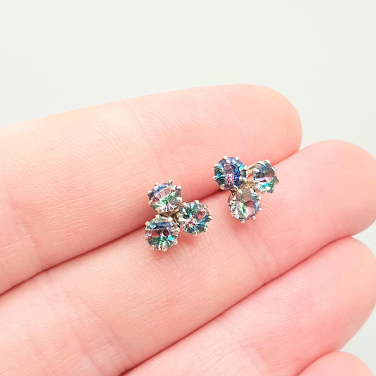 Antique Solid Silver Iris Rainbow Glass Earrings Screw Stud Art Deco Tutti Frutti Sparkly Foiled Fine Vintage Womens Jewelry Jewellery