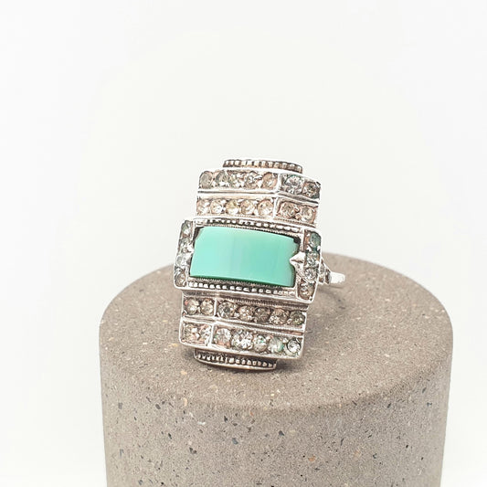Antique Solid Silver Diamond Paste Ring Art Deco Faux Turquoise Cocktail Cluster Rare Fine Large Vintage Dress Statement Womens Jewelry