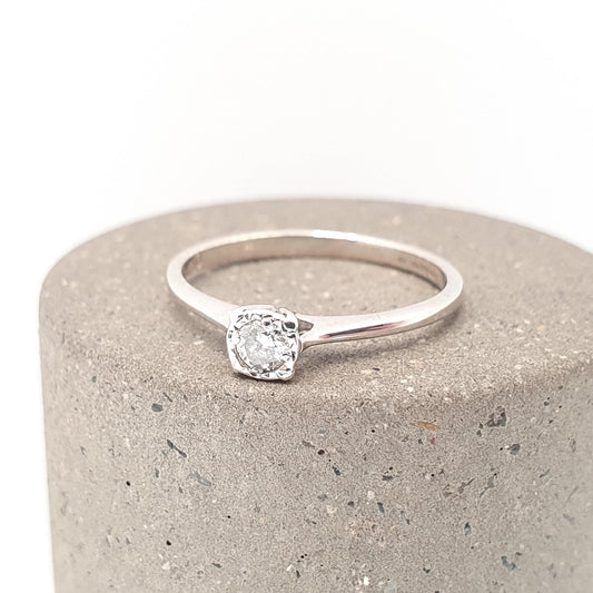 Vintage 9ct Gold Diamond Ring 0.1ct Solitaire Star Setting Solid 9k 375 9kt Natural Gemstone White Gold Gift Womens Jewelry Jewellery