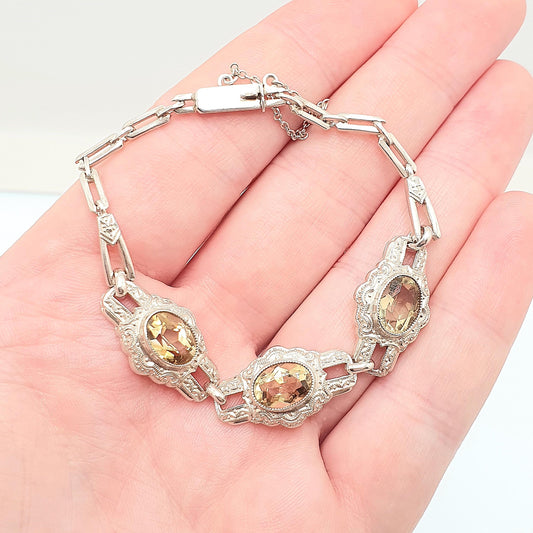 Antique Citrine Bracelet Solid Silver Art Deco Genuine Real Gemstone Oval Cut Fine Rare Geometric 835 Vintage Womens Jewelry Jewellery