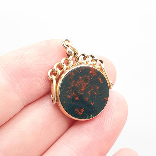 Antique 9ct 9k Gold Bloodstone Spinner Fob Pendant Victorian 1900 Hallmark Curb Carnelian Necklace Albert Vintage Womens Jewellery Jewelry