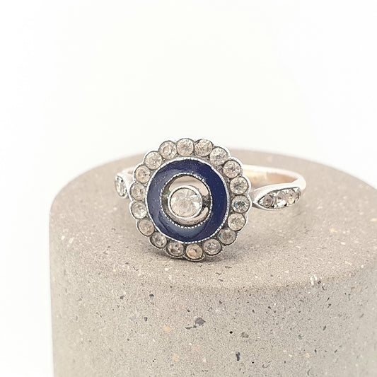 Antique Victorian Sterling Silver Diamond Paste Ring Blue Enamel Halo Cluster Rare Fine Solid 935 Vintage Cocktail Statement Womens Jewelry