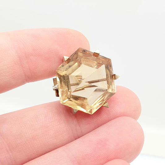 Antique Solid Silver Citrine Brooch Natural Gemstone Hexagon Cut Hexagonal Gold Gilt Victorian Orange Quartz Pin Vintage Jewelry Jewellery