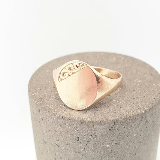 Vintage 9ct Gold Oval Signet Ring Solid 9k 375 9kt Hand Engraved Retro Hallmark Plain Smooth Large Big Mens Womens Jewelry Jewellery