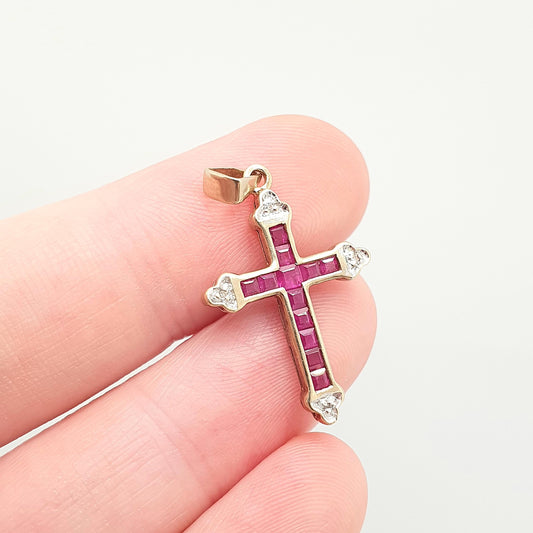 Vintage 9k 9ct Gold Ruby Crucifix Necklace Cross Diamond Pendant Genuine Rubies Channel Square Cut Solid 375 Real Womens Jewelry Jewellery