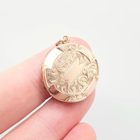 Antique 9ct Rose Gold Locket Solid 9k 375 Round Scroll Engraved Pendant Fine Estate Love Gift Back & Front Necklace Jewelry Womens Jewellery