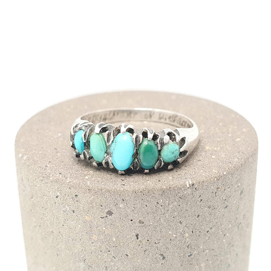 Antique Victorian Solid Silver Turquoise Ring Natural Gemstones Vintage 1800s 5 Five Stone Rare Genuine Estate Womens Jewelry Jewellery