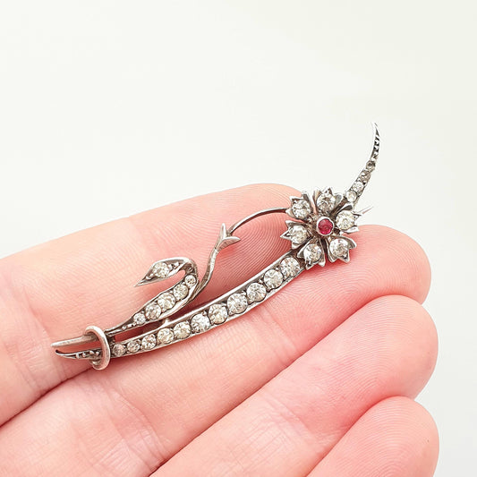 Antique Victorian Diamond Paste Flower Sterling Silver Brooch Pin Ruby Pastes Crescent Moon Vintage 925 Floral Womens Jewelry Jewellery