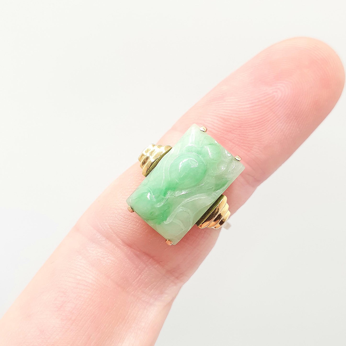 Antique Art Deco 9ct 9kt Gold Carved Jade Ring Apple Green Jadeite Signet Solid 375 9k 1920s Cameo Vintage Womens Jewelry Jewellery