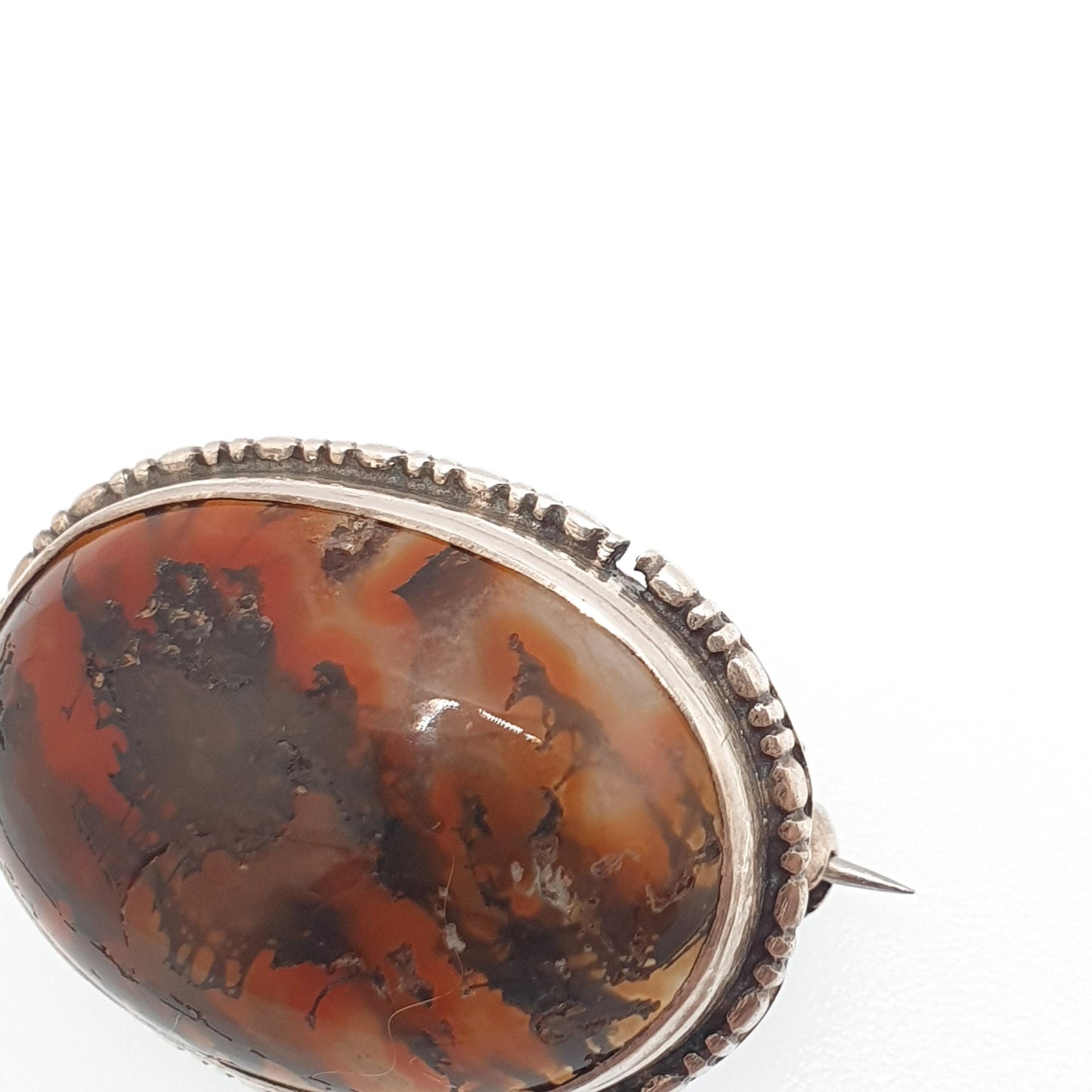 Antique Moss Agate Solid Silver Brooch Art Deco Natural Quartz Veined Oval Vintage 1920s Rare Gemstone Ladies Womens Jewelry Jewellery