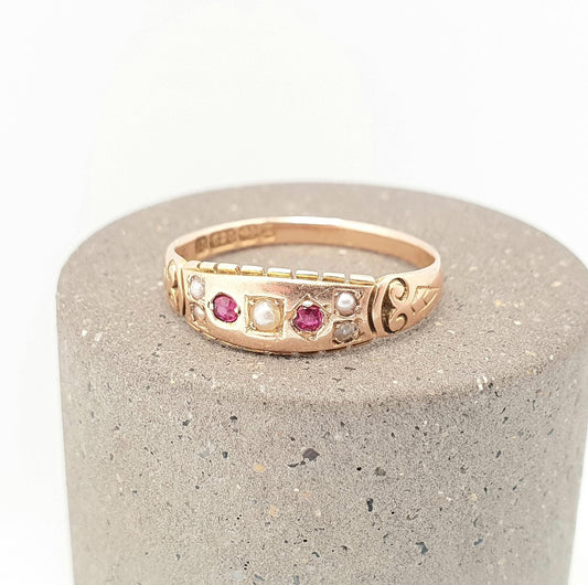 Antique 15ct Rose Gold Ruby Ring Victorian Seed Pearl 1899 Hallmark Solid 625 15 Carat Fine Estate Womens Vintage Jewelry Jewellery