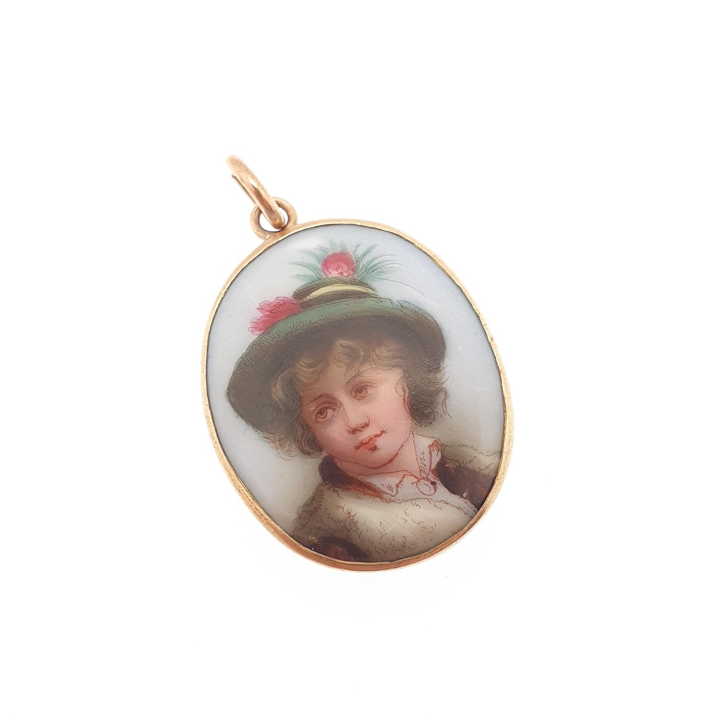 RESERVED/SOLD JOY Antique Victorian Hand Painted Portrait Pendant Rolled Gold Filled Necklace Green Hat Boy Girl Large Big