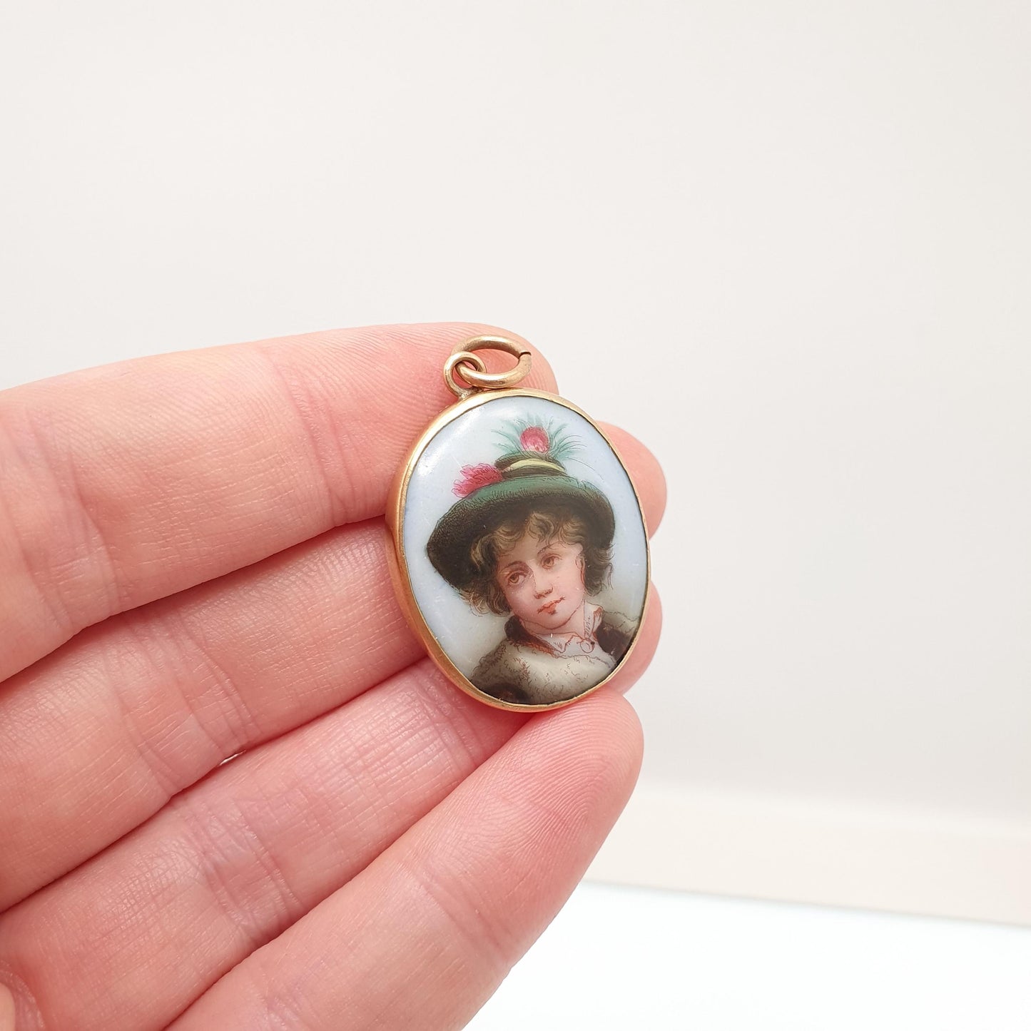 RESERVED/SOLD JOY Antique Victorian Hand Painted Portrait Pendant Rolled Gold Filled Necklace Green Hat Boy Girl Large Big