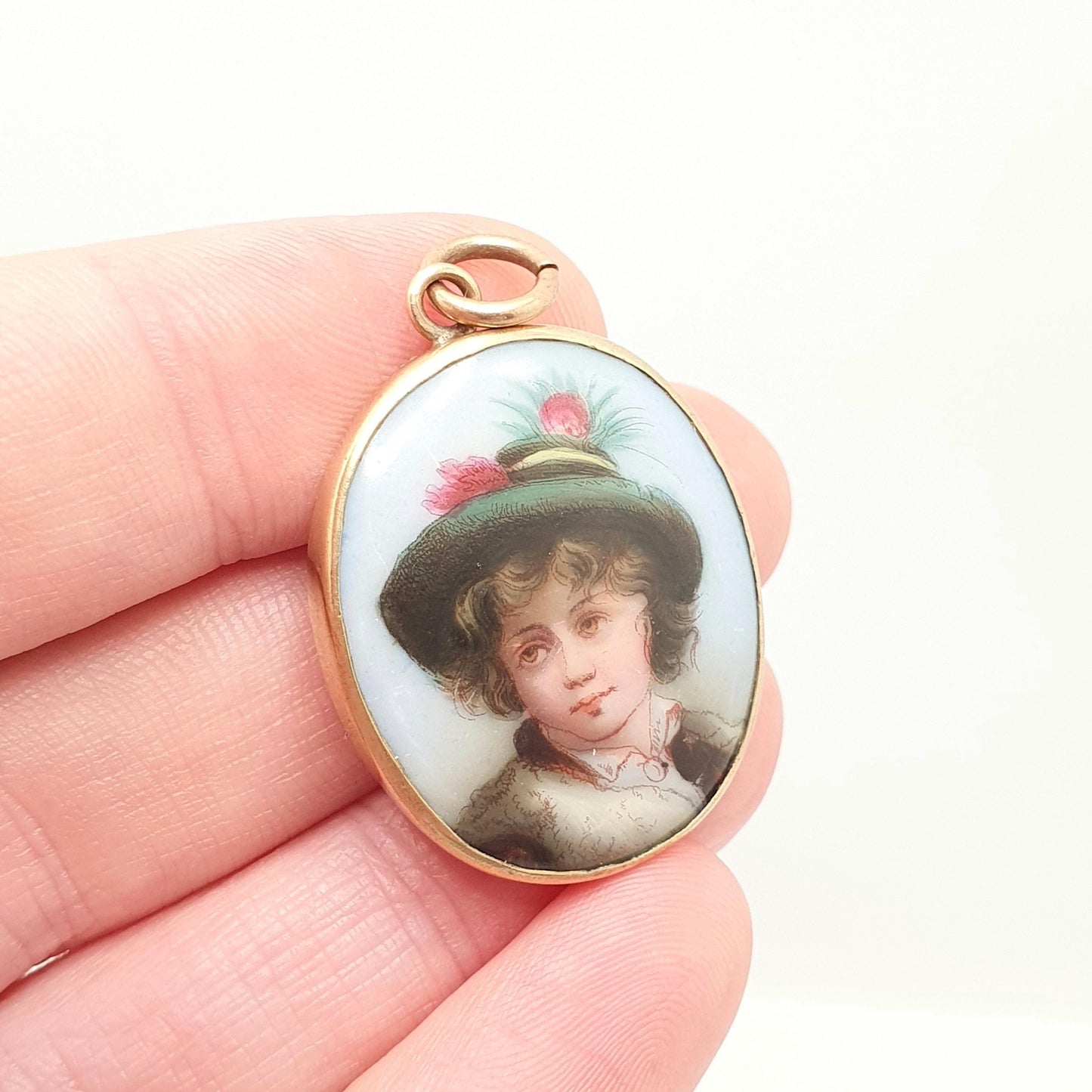 RESERVED/SOLD JOY Antique Victorian Hand Painted Portrait Pendant Rolled Gold Filled Necklace Green Hat Boy Girl Large Big