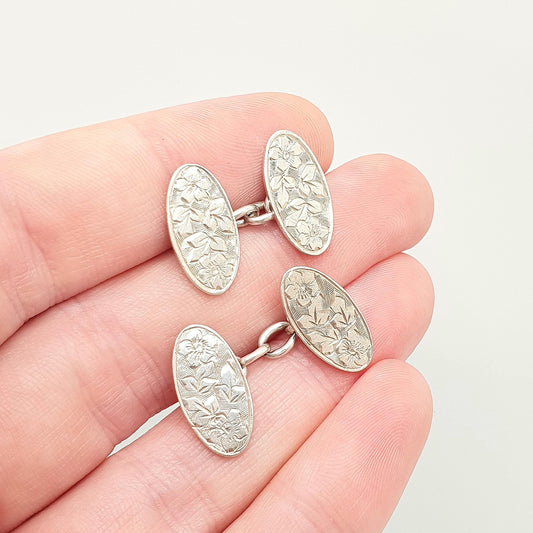 Antique Victorian Sterling Silver Cufflinks Cuff Links Oval Hand Engraved 1898 Hallmark Solid 925 1800s Gent Mens Vintage Jewelry Jewellery