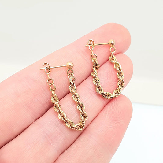 Vintage 9k 9ct Gold Chain Earrings Stud Dangle Drop Tassel Rope Link Reach Around Solid Yellow 375 Retro Fine Womens Jewelry Jewellery