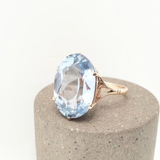 Vintage 9ct 9k Gold Blue Spinel Ring Genuine Gemstone Large Big Oval Cut Aquamarine 1962 Hallmarked Tone Solid 375 Womens Jewelry Jewellery