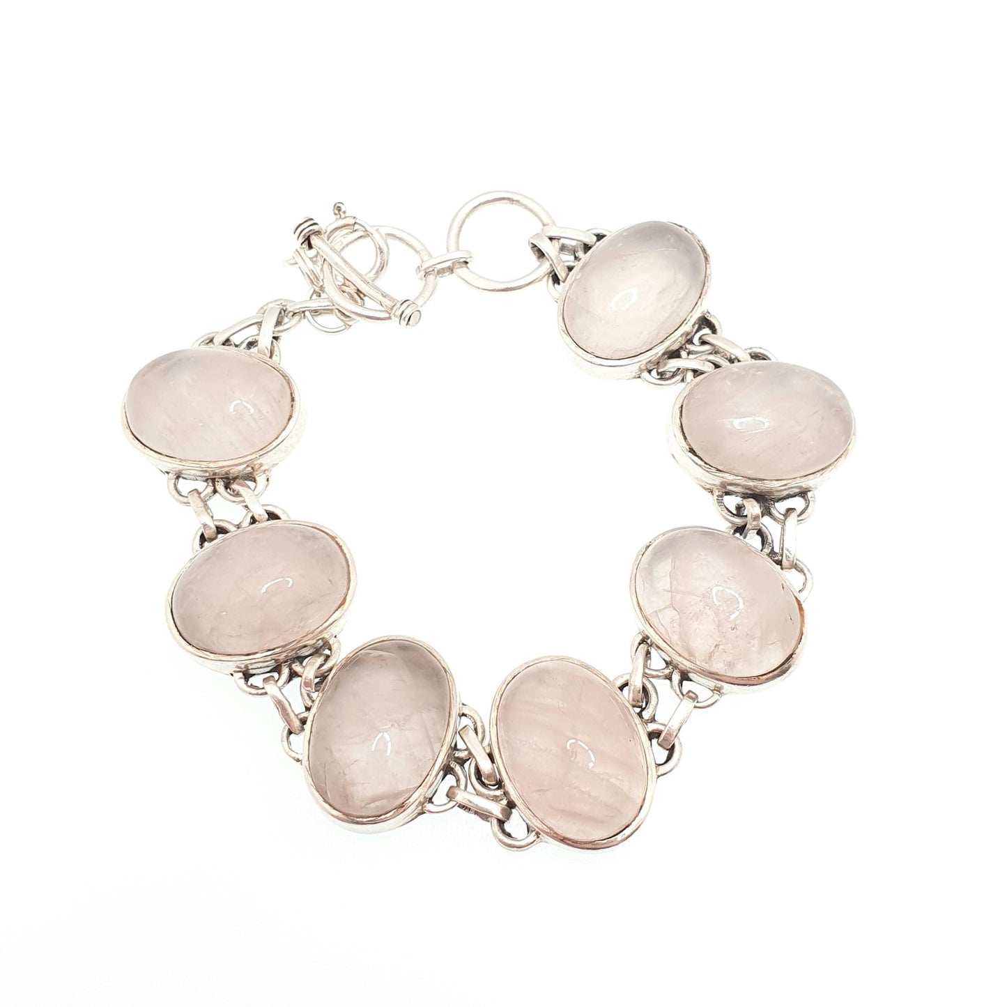 Vintage Sterling Silver Rose Quartz Bracelet Large Big Pink Gemstone Oval Cabochon Solid 925 Retro Ladies Womens Jewellery Jewelry