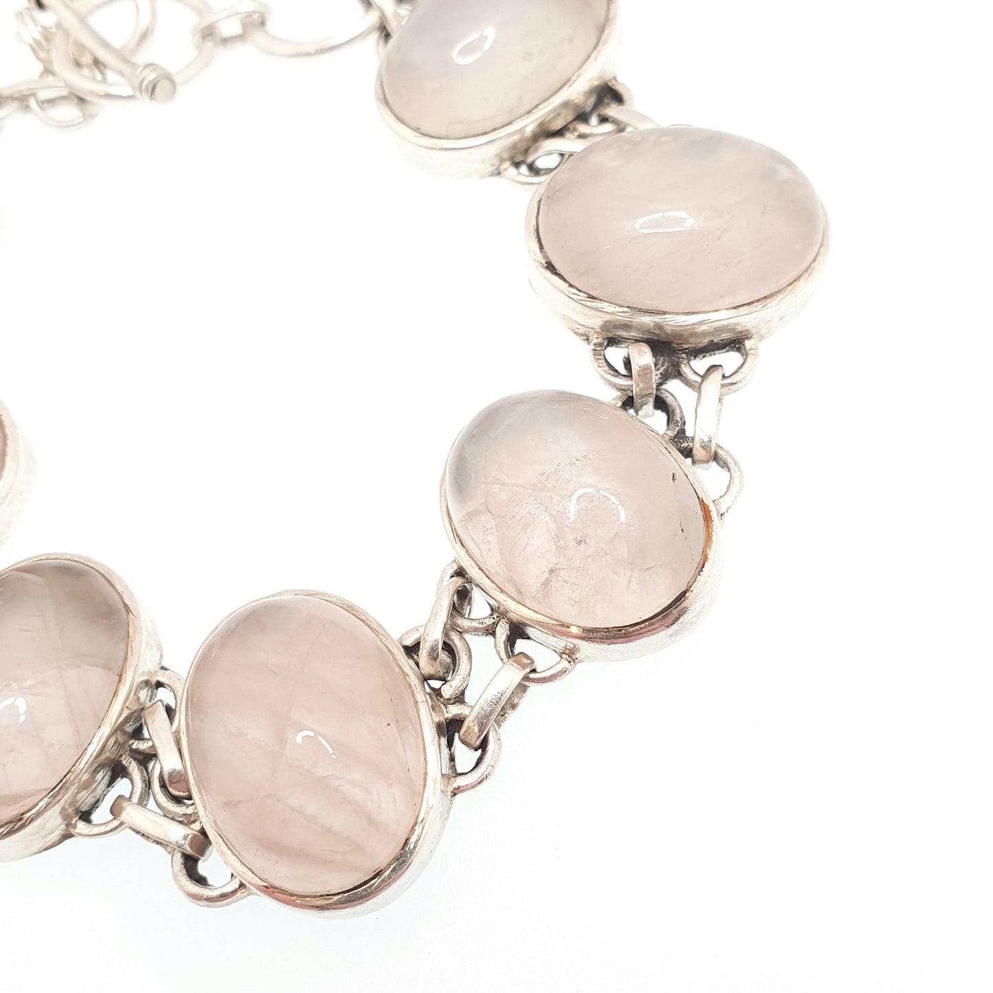 Vintage Sterling Silver Rose Quartz Bracelet Large Big Pink Gemstone Oval Cabochon Solid 925 Retro Ladies Womens Jewellery Jewelry