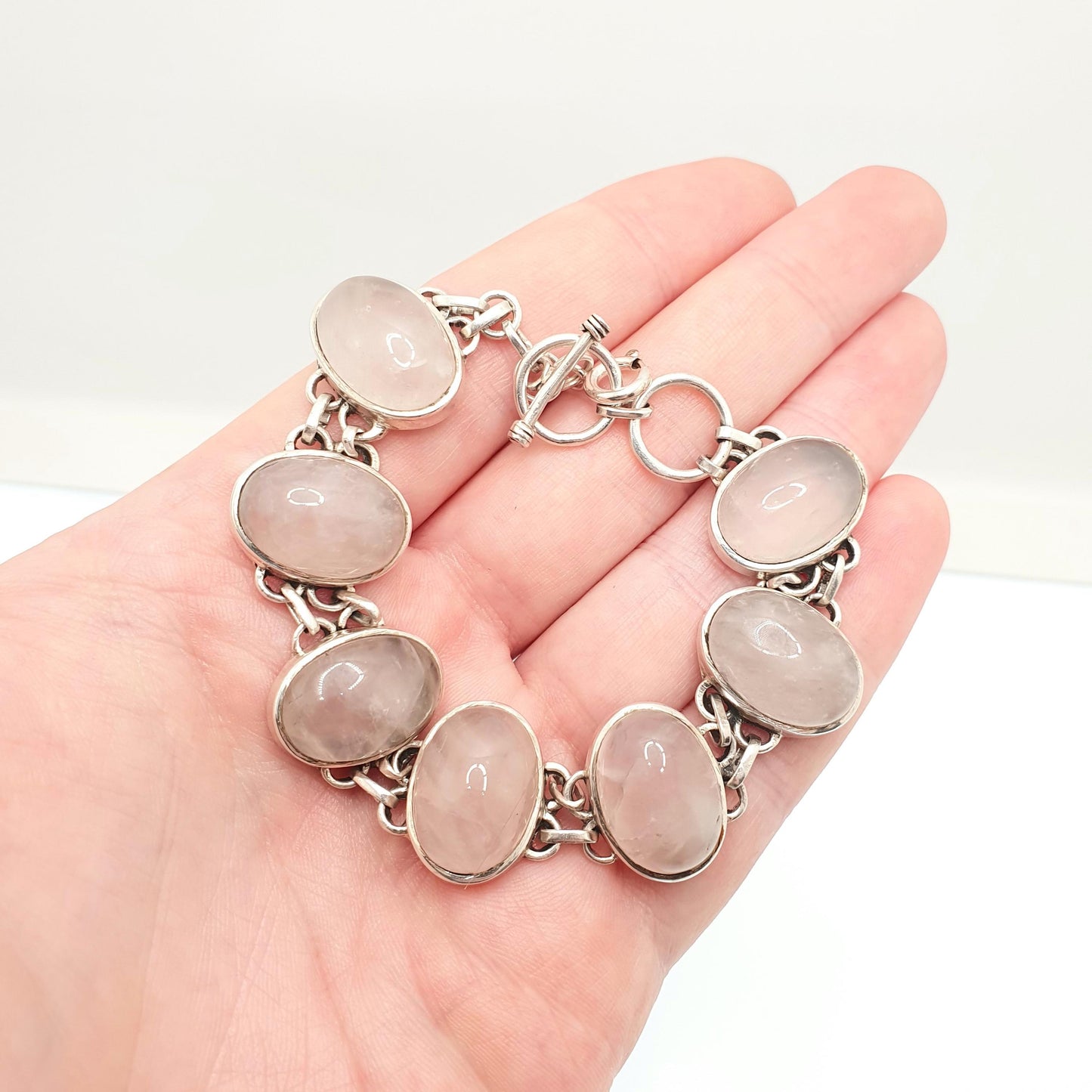 Vintage Sterling Silver Rose Quartz Bracelet Large Big Pink Gemstone Oval Cabochon Solid 925 Retro Ladies Womens Jewellery Jewelry