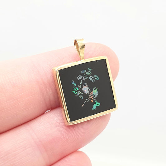 Vintage 9k 9ct 375 Gold Black Opal Bird Necklace Pendant Square Shape Solid Yellow 9 Carat Retro Cute Womens Jewelry Jewellery