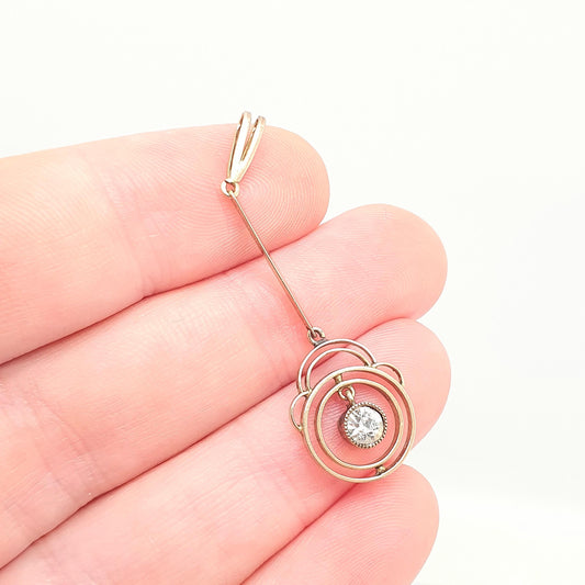 Antique 9ct 9k Gold Diamond Paste Pendant Pendulum Necklace Solid 375 Edwardian Target Openwork Lavaliere Vintage Jewellery Jewelry