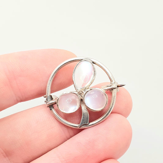 Antique Solid Silver Moonstone Clover Brooch Victorian Three Leaf Clover Irish Good Luck Lucky Vintage Blue Womens Jewelry Jewellery
