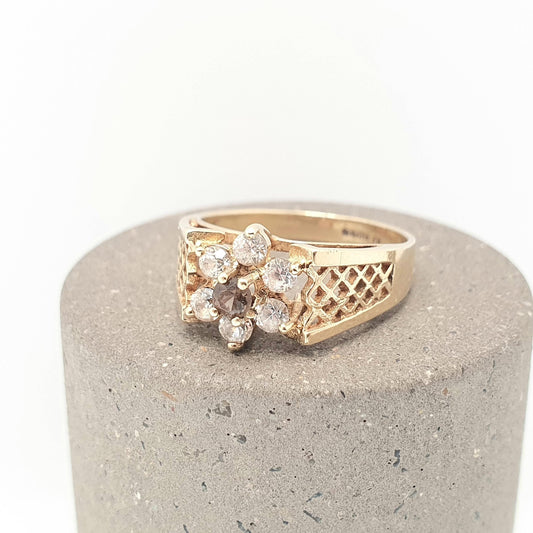 Vintage 9k 9ct Gold Smoky Quartz Ring Cluster Halo White Quartz Solid 375 1975 Hallmark Grid Sparkly Gemstone Womens Jewelry Jewellery