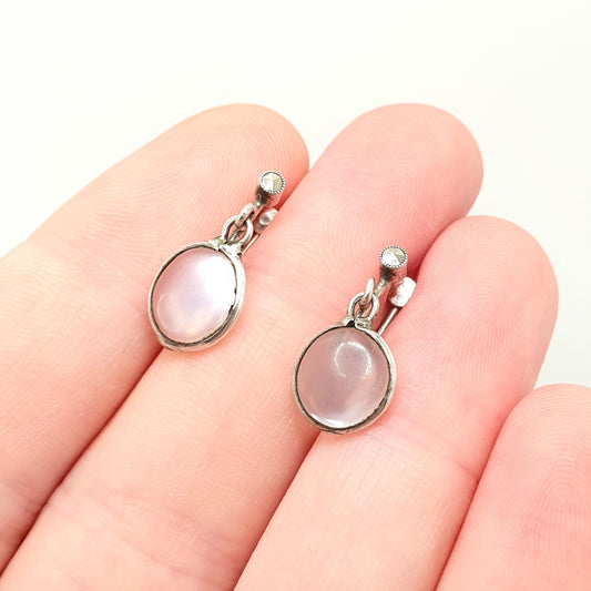 Antique Solid Silver Moonstone Earrings Victorian Marcasite Drop Dangle White Cabochon Screw Back Adularescence Vintage Jewelry Jewellery