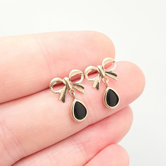 Vintage 9k 9ct Gold Bow Onyx Earrings Stud Pear Cut Solid 375 9kt Hanging Drop Retro Ribbon Black Gemstone Yellow Womens Jewelry Jewellery