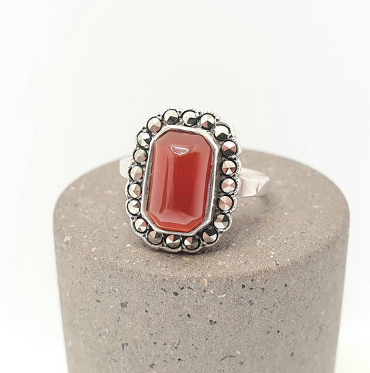 Antique Sterling Silver Carnelian Marcasite Ring Art Deco Signet Vintage 1920s Orange Agate Chalcedony Gemstone Women Jewelry Jewellery