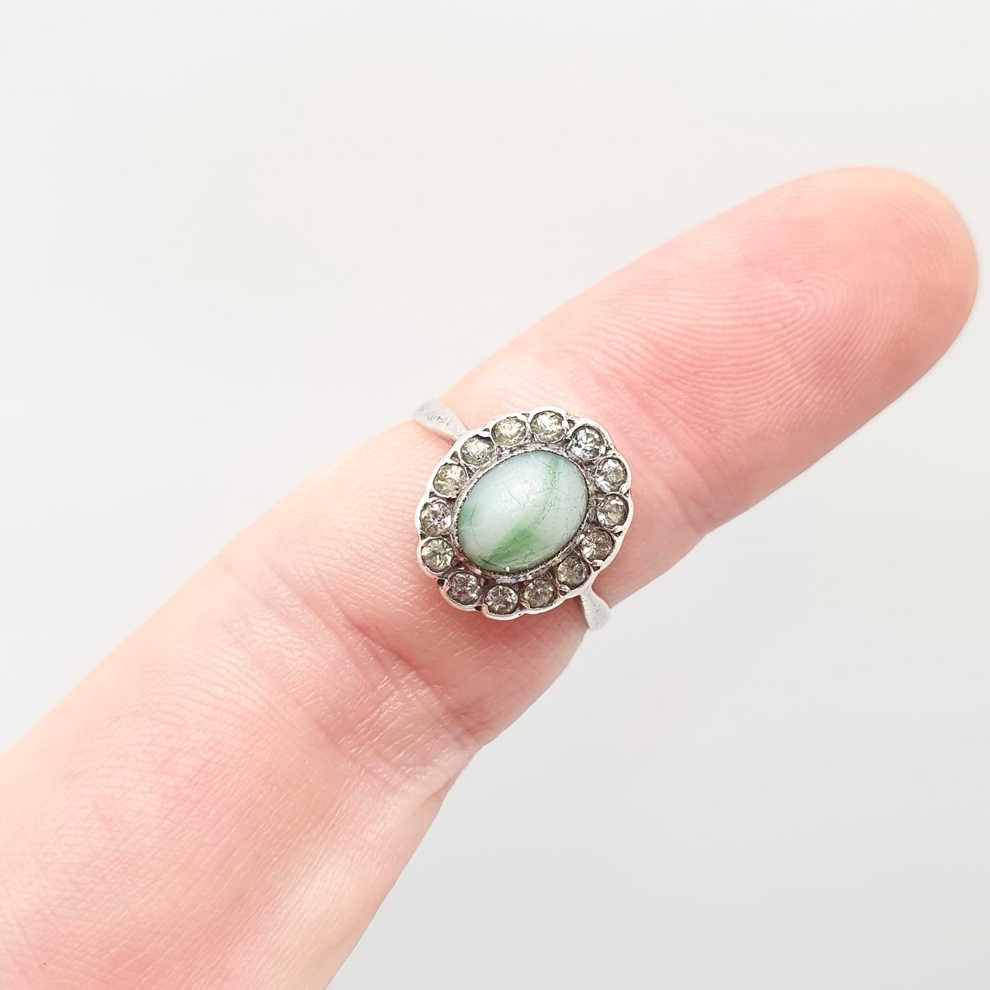 Antique 18ct Gold Diamond Paste Ring Cluster Faux Moss Agate Solid Silver Setting Art Deco 1920s 18k Vintage Womens Jewelry Jewellery