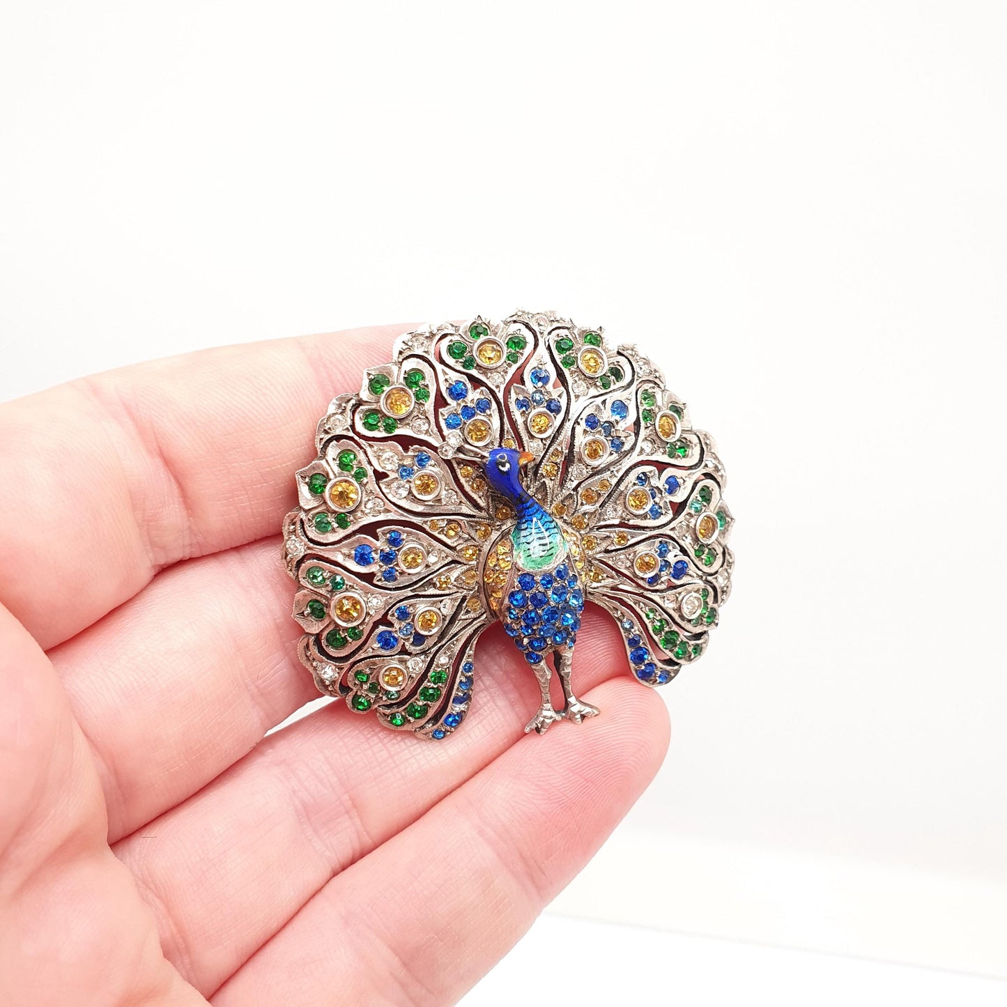 Antique Solid Silver Peacock Bird Brooch Enamel Art Deco Multi Coloured Paste 1920s Animal Large Big Colourful Womens Jewelry Jewellery