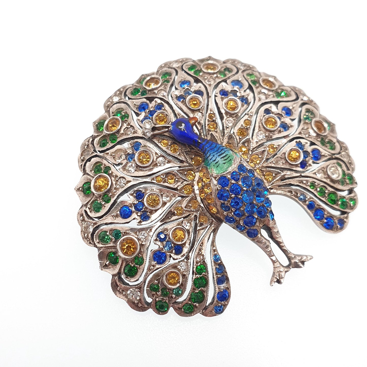 Antique Solid Silver Peacock Bird Brooch Enamel Art Deco Multi Coloured Paste 1920s Animal Large Big Colourful Womens Jewelry Jewellery