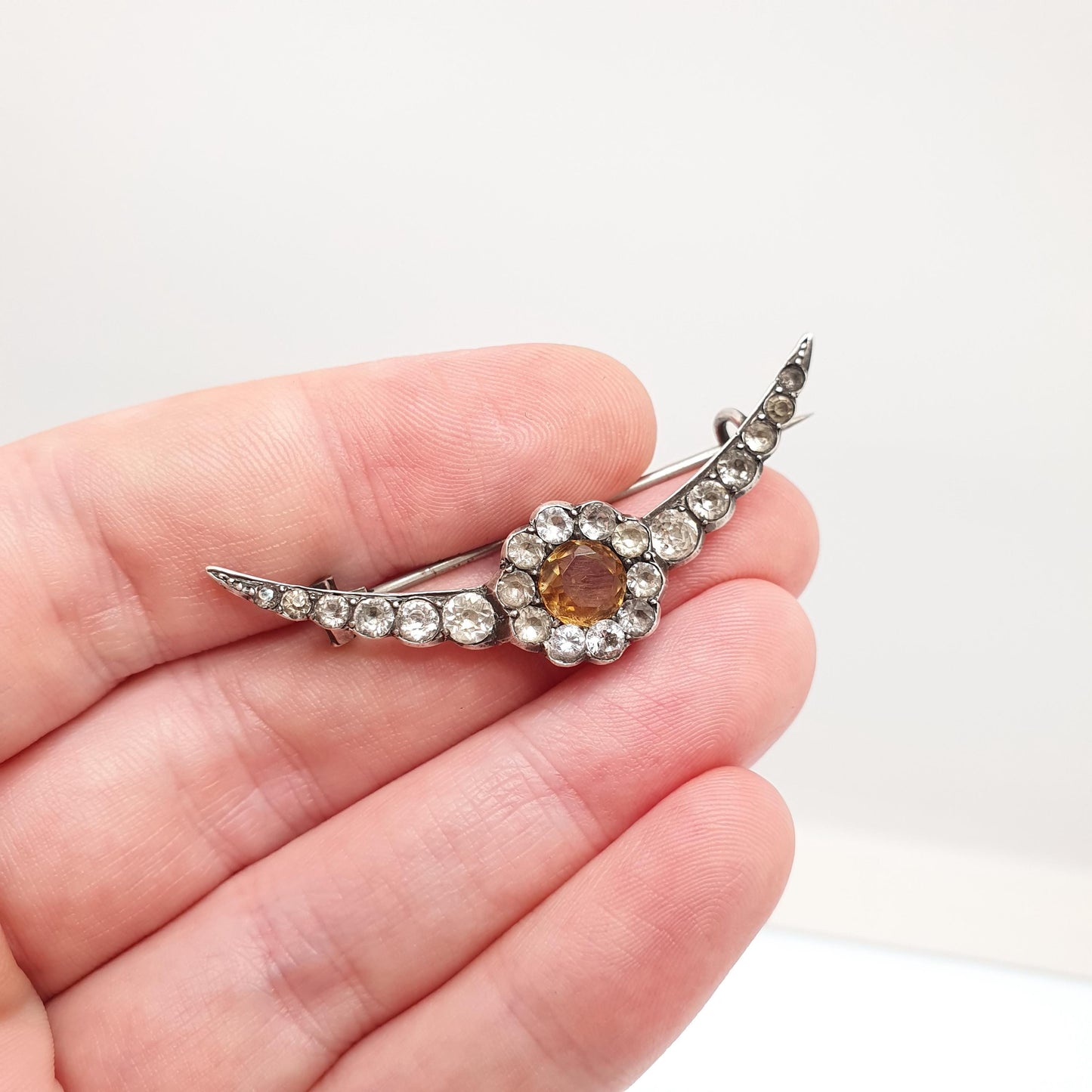 Antique Victorian Solid Silver Citrine Brooch Pin Crescent Moon Diamond Paste Celestial Natural Gemstone Vintage 1800s Jewellery Jewelry