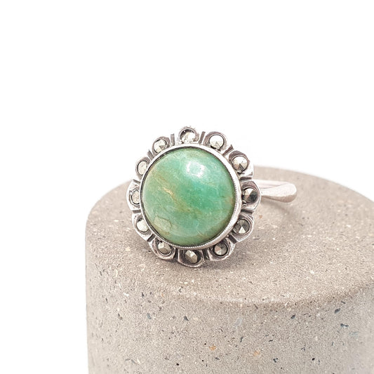 Antique Solid Silver Art Deco Chrysoprase Ring Halo Cluster Round Cut Marcasite Vintage 1920s Cocktail Flapper Womens Jewelry Jewellery