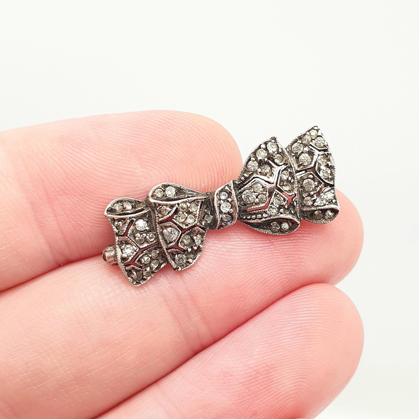 Antique Paste Solid Silver Bow Brooch Ribbon Diamond Pastes Tiny Small 1920s Gift Sweet Cute Sparkly Womens Jewelry Jewellery Vintage