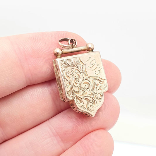 Antique 9ct Rose Gold Shield Locket Necklace Pendant Hand Engraved Solid 375 9k Gold Front Back Picture Photo Vintage Jewellery Jewelry