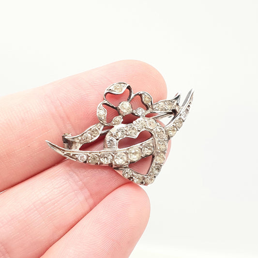 Antique Victorian Heart Solid Silver Brooch Crescent Moon Bow Diamond Paste Winged Vintage 1800s Art Nouveau Celestial Jewelry Jewellery