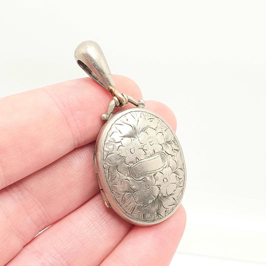 Antique Victorian Locket Silver Tone Flower Hand Engraved Pattern Floral Necklace Pendant Genuine 1800s Picture Photo Oval Vintage Jewellery