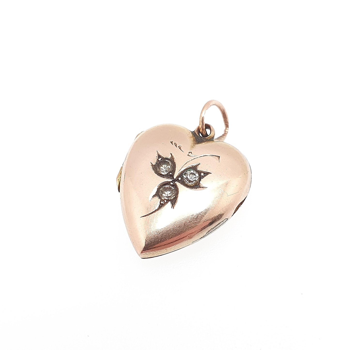 Antique 9ct 9k Gold Heart Locket Diamond Paste Victorian Clover Leaf Solid 375 Rose Pendant Back Front Small Photo Vintage Jewelry Jewellery