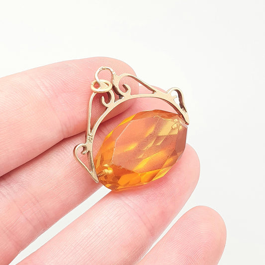 Antique 9ct 9k Gold Citrine Paste Spinner Fob Pendant Large Big Victorian Style Necklace Orange Glass Solid 375 Womens Jewellery Jewelry