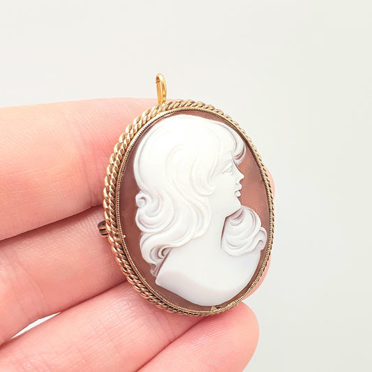 Vintage 9k 9ct Gold Cameo Necklace Pendant Solid 375 Brooch Hallmark Border Hand Carved Shell Oval Italian European Jewelry Womens Jewellery