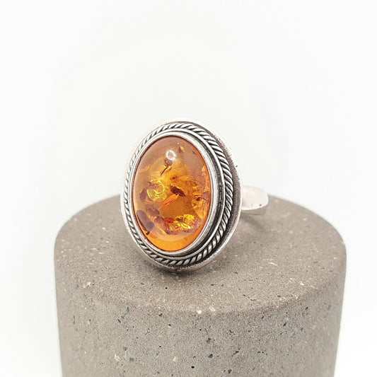 Vintage Sterling Silver Amber Ring Large Big Orange Baltic Modernist Retro Solid 925 Oval Real Genuine Rope Womens Jewelry Jewellery