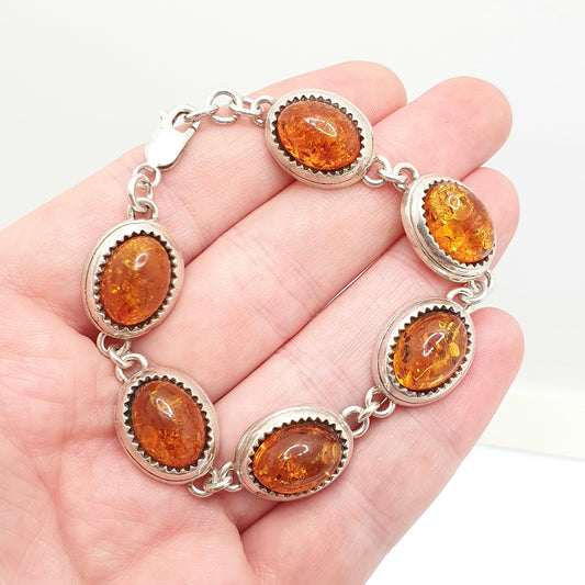 Vintage Sterling Silver Amber Bracelet Large Orange Baltic Gemstone Modernist Genuine 28.04g Real Oval Solid 925 Womens Jewellery Jewelry
