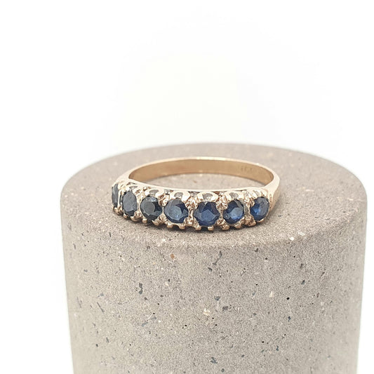 Antique 9ct Gold Sapphire Ring Art Deco Half Eternity Gypsy 1920s Solid 375 9k 9kt Blue Gemstone Womens Vintage Jewelry Jewellery
